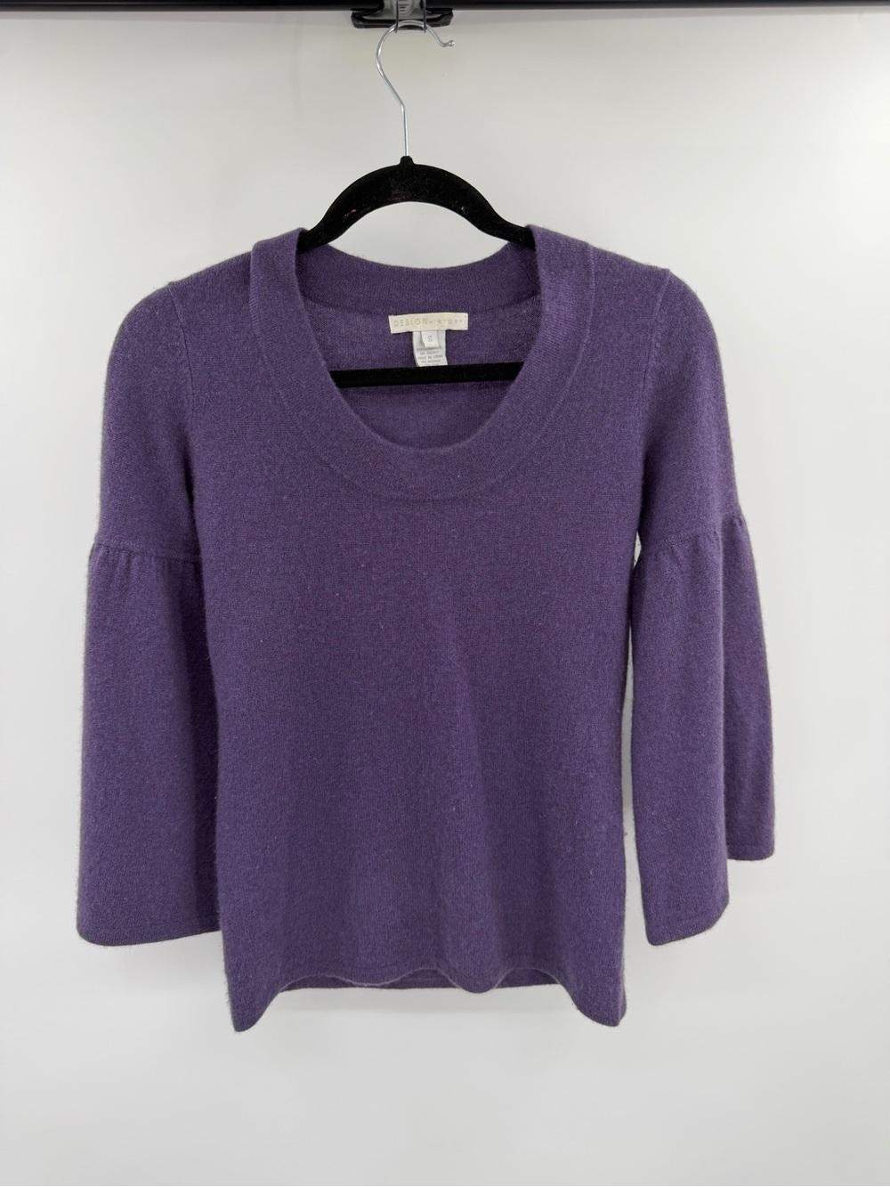 Design History 100% Cashmere Purple Flared 3/4 Sleeve Sweater Size Small